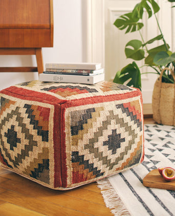 Jute-Pouf Gandaki Rostorange/Sand/Oliv - 50 x 35 cm | URBANARA