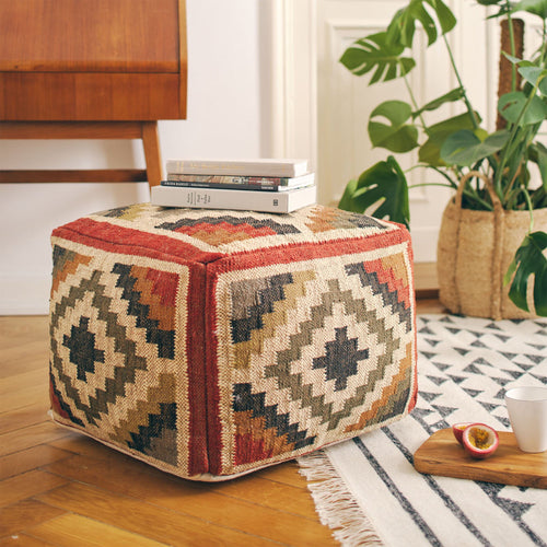 Jute-Pouf Gandaki Rostorange/Sand/Oliv - 50 x 35 cm | URBANARA